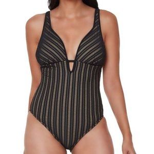 Bar III Plunging V-Neck Crochet One Piece Swimsuit Black NEW XS